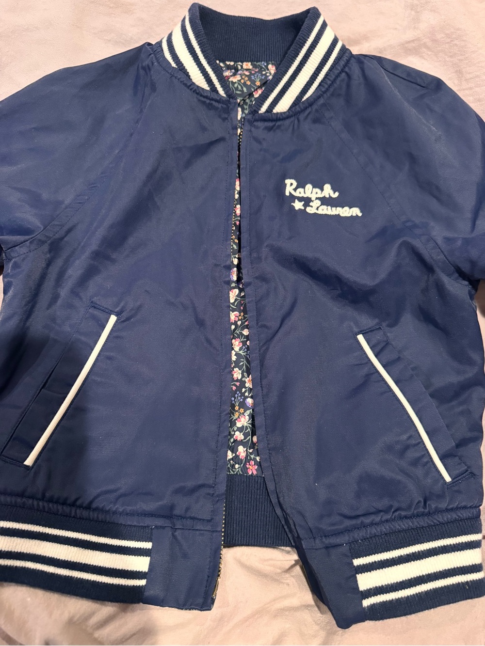 Ralph Lauren Navy Blue Floral-Lined Girls' Bomber Jacket